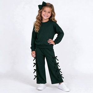 Ensemble deux pièces pour petites filles, sweat-shirt à manches longues et col rond, couleur unie corail, pantalon à jambes larges avec nœud - Product Image 3