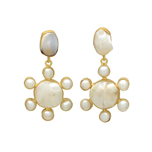 Handmade Vintage Christian Wedding Bridal Brass Hanging Round Shape Stud Statement <b>Earring</b> 24K Gold Plated <b>Nickel</b> <b>Free</b> Pearl - Product Image 1