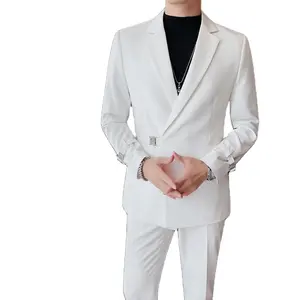 Hot Sale New Metal Buckle Design Men's Suit 2 Pieces High Quality White Blazer Suit Sets Custom Suit for Men