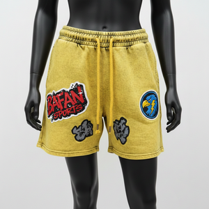 Shorts de sport en molleton de coton 320 GSM de haute qualité, jaune délavé, tissu doux, logo personnalisé imprimé en relief, shorts pour femmes - Product Image 5