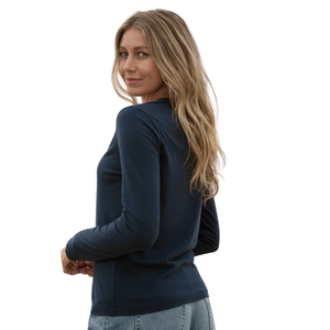 Camiseta de Manga Larga con Cuello Redondo para Mujer, Color Azul Marino, 100% Algodón Orgánico de Lujo, Preencogido, Certificado GOTS, Ajuste Clásico, Suave y Premium - Product Image 6