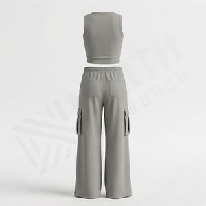 Ensemble de survêtement deux pièces pour femmes, haut court sans manches en molleton de coton de qualité supérieure, pantalon cargo ample avec poches latérales, vêtements de sport - Product Image 2
