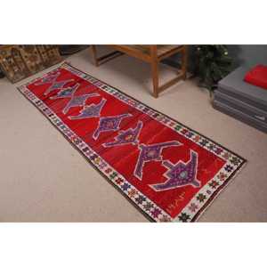Vintage Turkish Rug, 2.6x9.2 ft <b>Runner</b> Rug, <b>Red</b> Herki Oriental Rug - Product Image 2