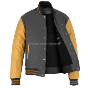 2026 OEM Limited Grey <b>Wool</b> With <b>Yellow</b> Leather Sleeves Varsity Jacket For Men's 100% High Quality Low MOQ Heated Fashion Jackets - Product Image 3