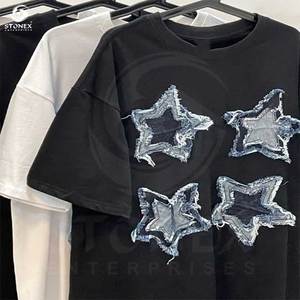 T-shirt personnalisé en coton épais lavé à l'acide Streetwear Chemise à broderie d'appliques en détresse T-shirt pour femmes T-shirt en détresse - Product Image 2