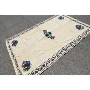 พรมวินเทจขนาด 5x8 ฟุต, พรมตุรกี, พรมขนสัตว์ลายดอกไม้สีเบจ - Product Image 2