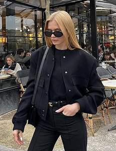 Femmes recadrée bouton vers le bas Varsity Shacket solide imprimé imperméable Bomber avec Logo hiver automne mince veste poches - Product Image 2