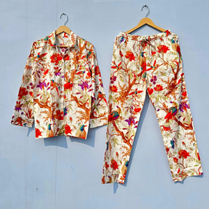 ชุดนอนผ้าฝ้าย100% ลายดอกไม้ทำด้วยมือสไตล์อินเดียชุดนอนหรูหราแบบลำลองชุดเดินตอนเช้าสำหรับฤดูใบไม้ผลิ/ฤดูใบไม้ร่วง - Product Image 1