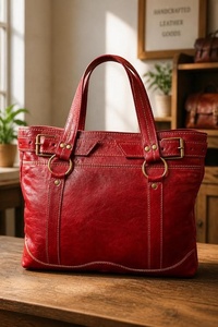 Red Genuine Leather Tote <b>Bag</b> Classic Style Soft Handle Durable Women's Handbag - Product Image 1