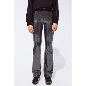 Leggings évasés en tissu argenté métallisé, effet ventre plat, push-up, chauds; en nylon et élasthanne tricotés extensibles, style décontracté, taille confortable - Product Image 2