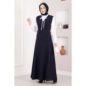 Conjunto de Dos Piezas en Crepé Azul Marino Elegante: Camisa y Chaleco con Botones y Decoración de Logotipo, Conjunto Formal de Top Corto - Product Image 4