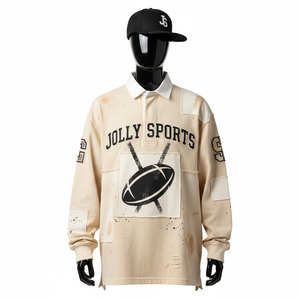 Camiseta de Rugby para Hombre, Alta Calidad, 280 GSM, Algodón Jersey, Estilo Panel Patchwork, Tono Crema, Aplique con Logotipo Serigrafiado, Ropa Casual - Product Image 1