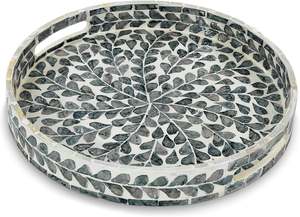 Plateau décoratif en nacre fabriqué à la main pour le service de thé de table à manger et l'affichage de salon et la forme ronde et l'aspect supérieur - Product Image 2