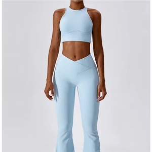 Vêtements de sport pour femmes de haute qualité, 2 pièces, yoga, couleur unie, taille élastique, tissu léger et extensible - Product Image 1