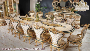 Juego de Comedor de Madera de Teca Moderno y Lujoso de Estilo Barroco Europeo Negro Dorado para 10 Personas - Product Image 3
