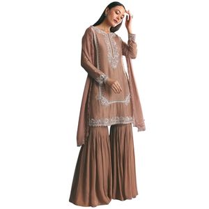 Marrone seta paillettes Cutdana Kurta Sharara con Dupatta abito di lusso da festa Sharara per le occasioni speciali da donna - Product Image 1