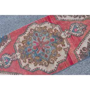 Alfombra de lana turca Vintage de 3,2x7,4 pies, tejido plano rojo y azul de retazos para decoraciones de sala de estar, respaldo de látex - Product Image 5