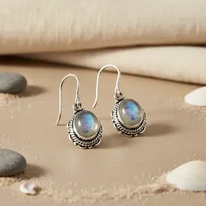 ต่างหูเงินแท้ 925 ชุบทอง ประดับมูนสโตน แซฟไฟร์ ลายดอกไม้ สำหรับผู้หญิง - Product Image 3