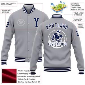 Custom gris azul marino-blanco bombardero Full-Snap Varsity Letterman chaqueta cortavientos Streetwear vintage hombres Varsity chaqueta - Product Image 2