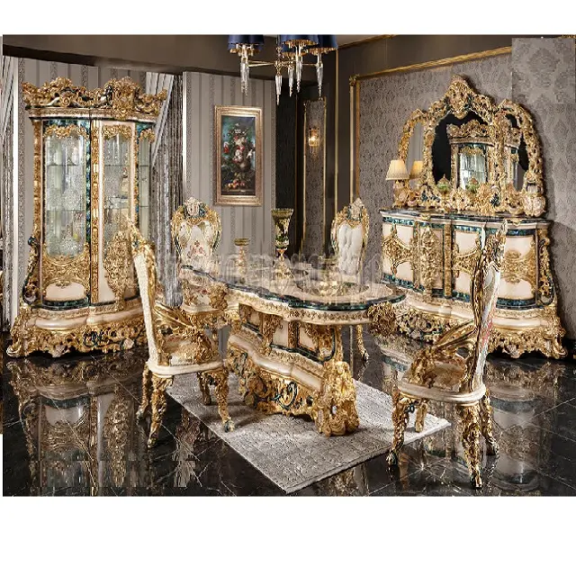 Rich Look Carved 4 Seater Dining Table Furniture Royal Golden Polished Dining Room Furniture Classic Gold Finish Dining Table