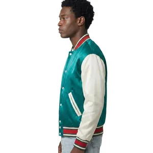 Men's Green White <b>Varsity</b> <b>Jacket</b> Satin Baseball Style Button Front Regular Fit Autumn Casual Wear - Product Image 3