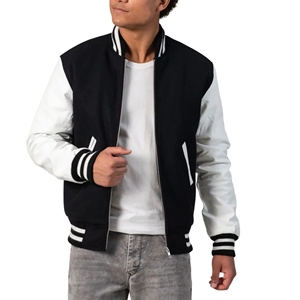 Blouson universitaire unisexe zippé en laine avec manches en cuir, style bomber côtelé, doublure matelassée, patchwork sur le devant, uniforme d'équipe de baseball - Product Image 4
