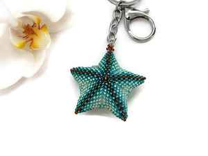 Porte-clés turquoise breloque sac à main étoile de mer porte-clés Boho breloque de sac étoile perlée breloques porte-clés perlé à la main - Product Image 3