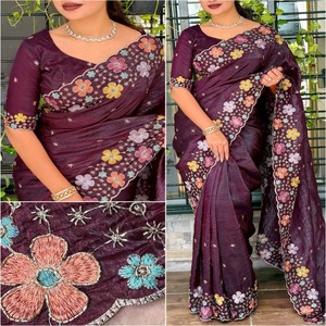 Sari Elegante de Seda Arrugada VASTRA COTTAGE con Lentejuelas, Cuentas Bordadas, Trabajo de Hilo Multicolor y Blusa Bordada con Malla Suave - Product Image 6