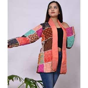 Veste en soie pour femmes Vintage Boho fait à la main léger coton matelassé imprimé Techniques vêtements d'extérieur courts pour l'hiver - Product Image 2