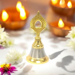 Pure Brass Handcrafted Puja Bell with Krishna Mor Pankh Design Crisp Sound Traditional <b>Temple</b> Ghanti for Rituals & <b>Home</b> Mandir - Product Image 3