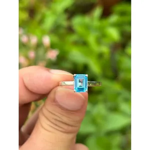 14K Marquise Geometric Gemstone <b>Ring</b> for Swiss Blue Topaz with <b>Emerald</b> Cut Diamond Rhodium Plated 925 <b>Silver</b> Men's <b>Ring</b> - Product Image 1