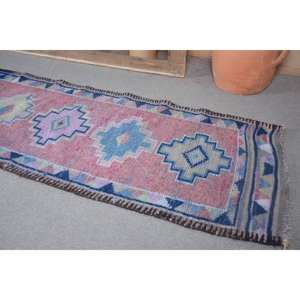 Vintage Turkish Kilim Rug 2,8 X 9,2ft Handmade Blue Pink Wool with Latex Backing for Bedroom Rectangle Patchwork Pattern - Product Image 2