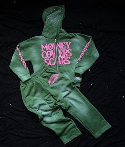 ชุดวอร์มผู้ชายลำลองผ้าฝ้าย 100% ย้อมสีแบบแอซิดวอช ประดับเพชรเทียม ไซส์พลัส ผ้าฟลีซหนานุ่มสำหรับฤดูหนาว มีฮู้ดและเชือกผูก - Product Image 1