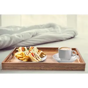 Plateau à thé en bois massif Assiette de service en bois rectangulaire Plat de stockage des aliments pour la maison Hôtel - Product Image 2