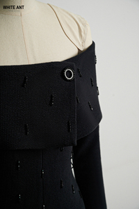 Nouveauté robe LYNNE élégante noire et blanche à manches longues avec perles faites à la main, robe pour femmes, tissu en jersey mélangé de coton - Product Image 5