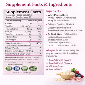 Proteína en Polvo para Mujeres OEM con Probióticos, 2 lb (20 g), Colágeno de Suero, 5 Mil Millones de UFC, Enzimas Digestivas, Salud Intestinal, GMP, Marca Privada - Product Image 2