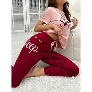 Camiseta de manga media estampada ropa de dormir para mujer T-Pink y Pijama estampado granate () - Product Image 3