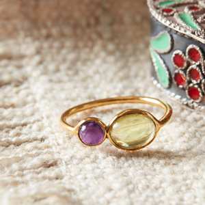 Anillos Toi Et Moi con Engaste de Bisel, Plata de Ley 925 Chapada en Oro de 18K, con Piedras Preciosas Naturales de Amatista Púrpura y Peridoto Verde, para Fiestas Elegantes - Product Image 1