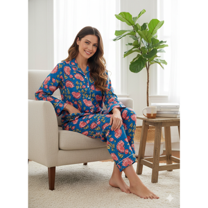 Pijamas Largos Casuales con Estampado Jaipuri para Primavera/Verano, Tela Suave y Transpirable, Cintura Elástica con Botones, Personalizables - Product Image 1