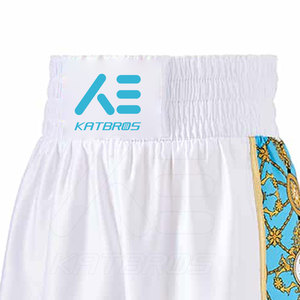 KATBROS <b>Men</b> Boxing Shorts White With Blue Gold Pattern Sublimation Print Quick Dry Regular Fit Martial Arts Wear - Product Image 5