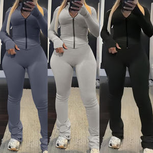 Survêtement d'hiver pour femmes de haute qualité, fermeture éclair unie, pantalon ample à taille haute élastique, hauts, ensemble deux pièces - Product Image 1