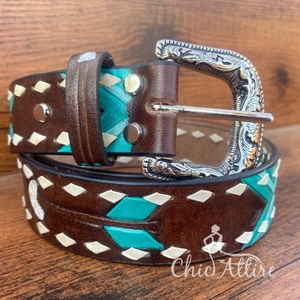 Venta al por mayor de moda para hombres y mujeres, cinturón de cuero turquesa con hebilla de aleación ajustable informal, cinturón de punto Buck de cuero genuino 100% - Product Image 1