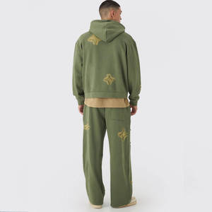 Front And Back Embroidery Sleeve Printed Distressed Tracksuit <b>Fleece</b> Inner Lining Hood Attachable <b>Men</b> Sweat Suit - Product Image 2