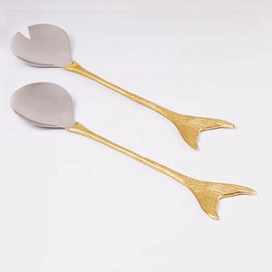 Couverts à poignée de feuille ensemble de service de salade en acier inoxydable or ensemble de service de barre de salade ensemble de service de nourriture poignée rustique en bois - Product Image 2