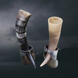 Authentique corne à boire Viking faite à la main ensemble 2 paires de support de corne de bière de Style nordique médiéval gravé d'animal poli - Product Image 2