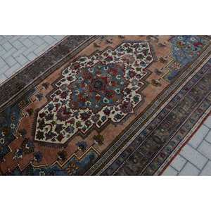 Alfombra turca Vintage Beige Azul 5,6 X 9.8ft Lana Tejido plano Patrón de retazos para decoraciones de sala de estar Uso de pasillo Látex - Product Image 5