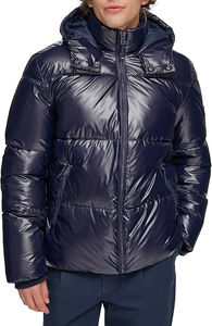 แจ็คเก็ตขนเป็ดแขนยาวสีดำมันวาวสไตล์พองๆกันน้ำมีซิปปิดเสื้อโค้ทขนปุยลำลองมีกระดุมตกแต่งสำหรับผู้ชาย - Product Image 5