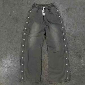 กางเกงวอร์มผ้าฝ้ายสไตล์วินเทจสำหรับผู้ชายกางเกงจ็อกเกอร์ล้างกรดขากว้างแบบมีกระดุมข้างกางเกงขาบานออกแบบได้ตามต้องการ - Product Image 6