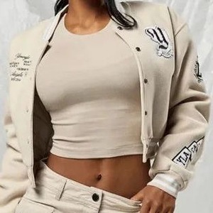 High Quality Women's Varsity Jacket White Leather Sleeves Wool Cashmere Breathable Cotton Filling Custom Design Cropped Jacket - Product Image 6