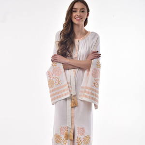 Vestido largo de algodón con bordado bohemio informal elegante, cinturón tejido de manga larga, estilo dulce y modelo de pedido de patrón sólido - Product Image 1